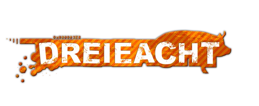 Un logo avec écrit Dreieacht en blanc avec un effet destructuré, sur un fond orange avec rayure ou dans la silhouette s'ajoute d'emblem de cochon, des effets de tâche.

Au dessus du logo est écrit 