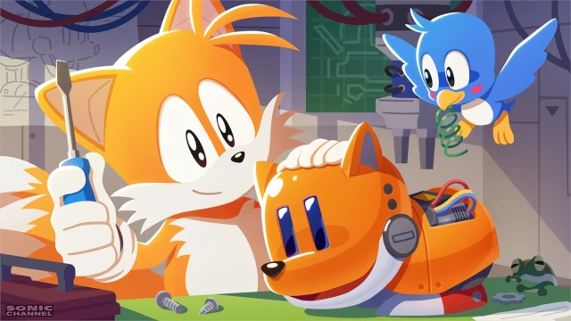 Tails construisant un petit robot, avec un Flicky qui regarde